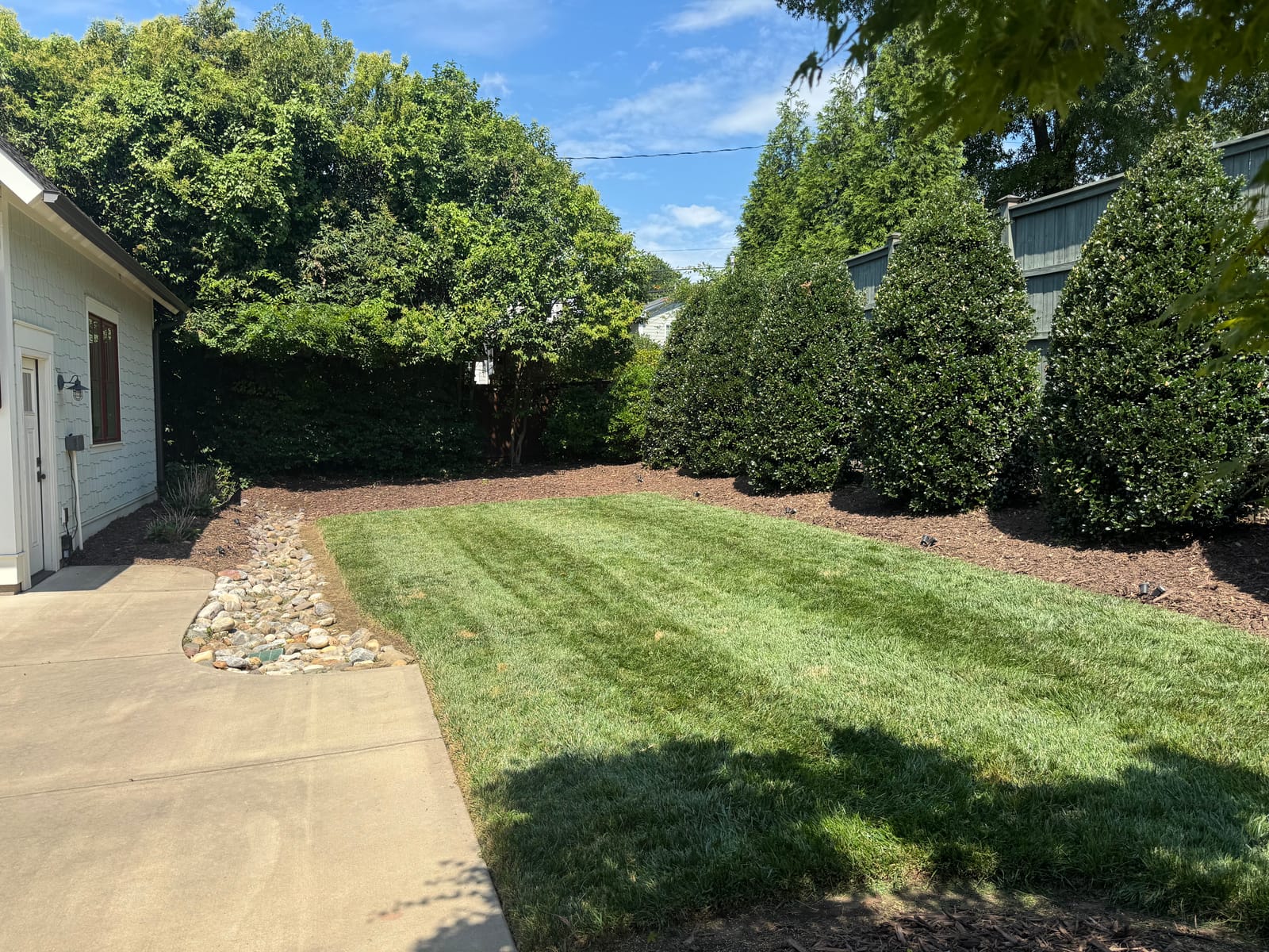 The same backyard after mowing, with fresh, even stripes