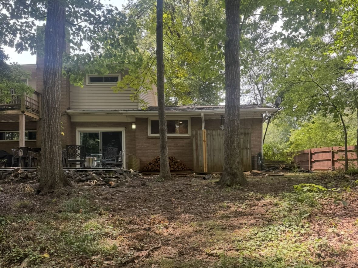 Bare wooded backyard hillside with patchy weeds, exposed dirt, and roots below the house before pine straw