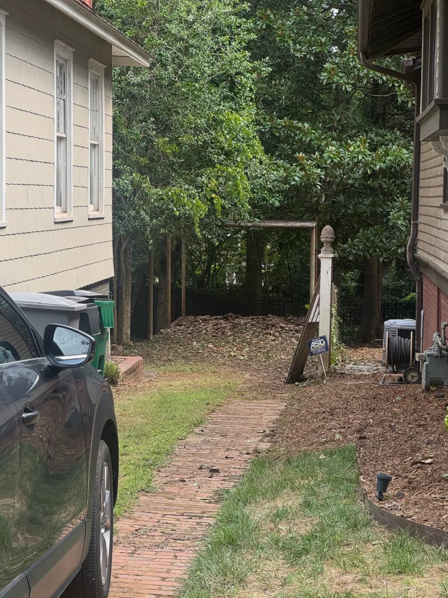 The same side yard after clearing, opened up to the fence line with the arbor visible again